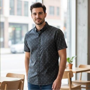 O'Neill Men's Charcoal Grey Printed Button Down Short Sleeve Shirt - Size L